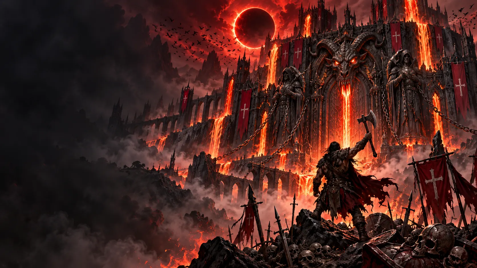 A barbarian facing a chained hell gate under a red eclipse
