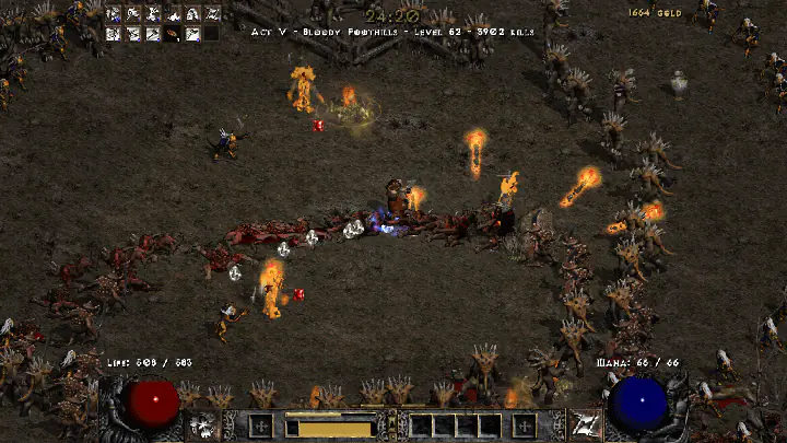 A packed horde fight in D2 Survivors with fire on the ground