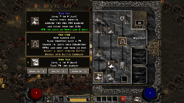 The Diablo II level-up panel used when picking a skill card